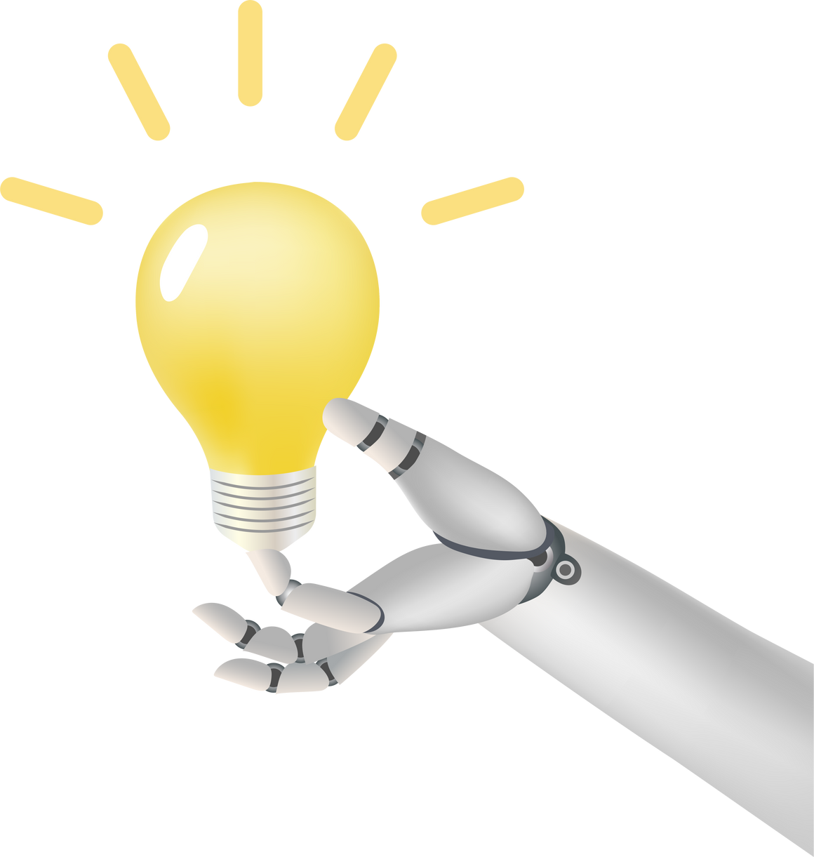 AI Robot hand holding lightbulb with questions inside. Artificial intelligence chat bot concept.